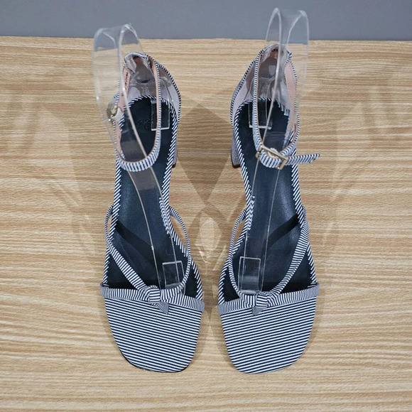 J Crew Sandal Cross Strap Block Heel Blue White Stripe Shoe Womens Size 7 - Picture 6 of 13